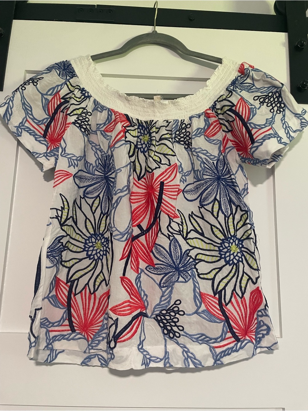 Skies Are Blue White Top with Navy and Lime Floral Embroidery